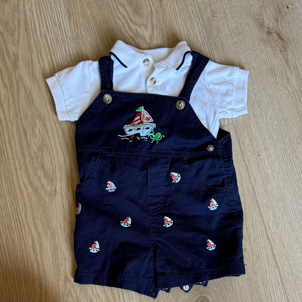 Starting Out Navy Overalls with Sailboat Embroidery